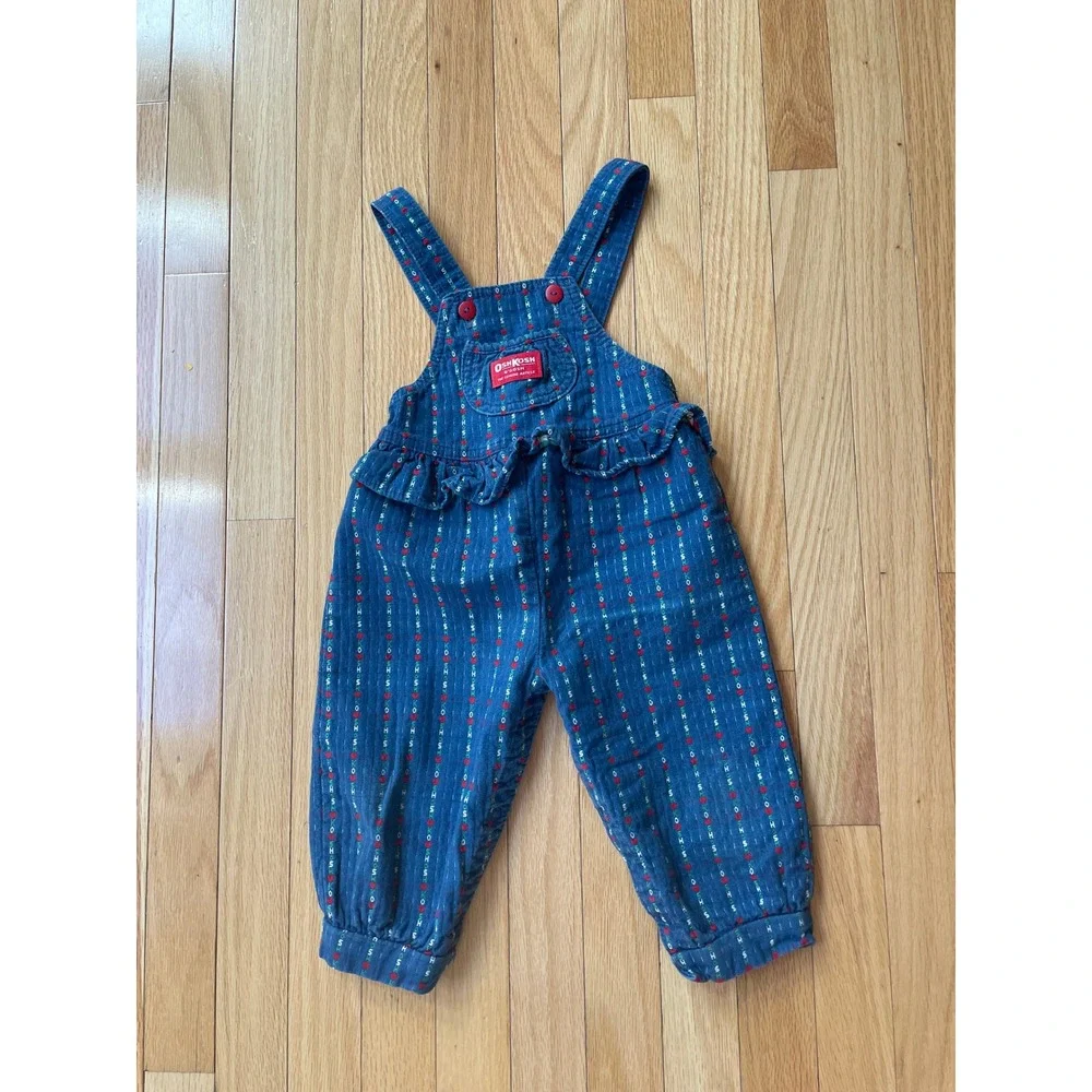 Vintage OshKosh Bgosh Blue Heart Stripe Ruffle Overalls 24M Made in USA